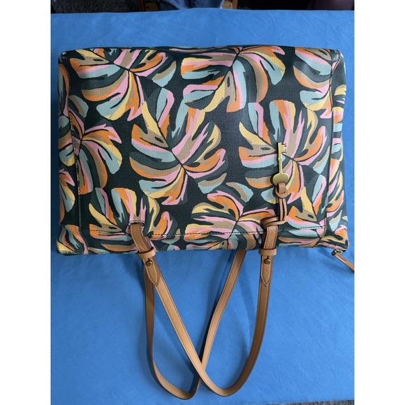Fossil Women's Rachel Vibrant Tropical Leaf Print Coated Canvas Tote Handbag - Picture 2 of 11